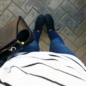 black and white striped sweater and booties