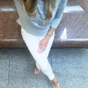 old navy striped sweater and white jeans