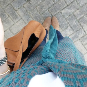 Green and gray cardigan sweater and street level bag