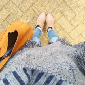 Blue and grey poncho and brown booties