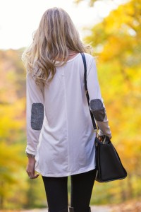 white sheinside top with elbow patches