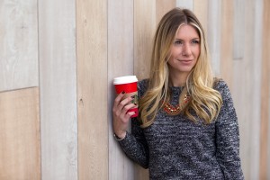 loft grey sweater and red necklace