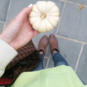 neon j. crew sweater and brown booties