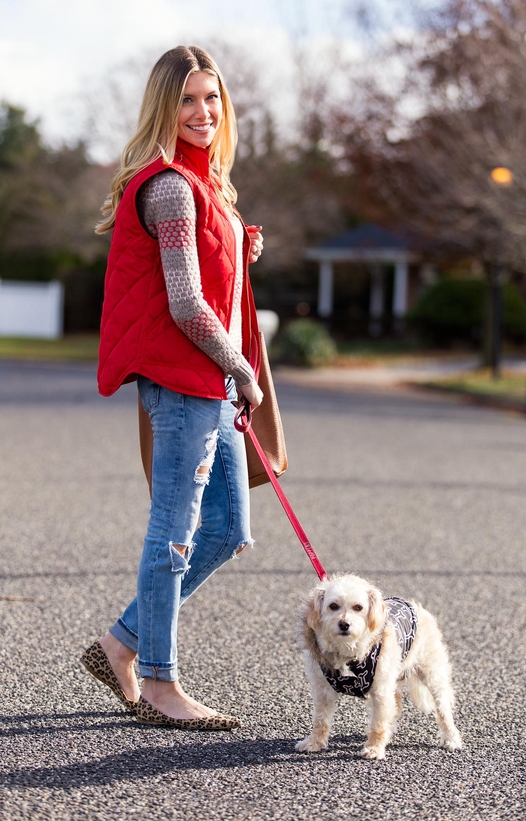 j. crew red vest and holiday sweater and puppy