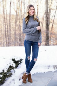 grey turtleneck, ripped jeans and booties