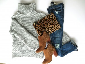 gray turtleneck, ripped jeans, leopard clutch and studded booties