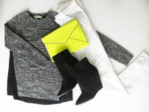 white jeans, gray sweater and neon clutch