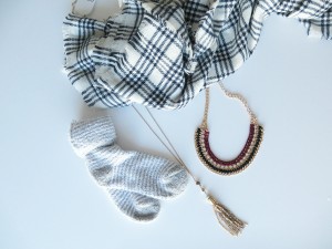blanket scarf, comfy socks and jewelry
