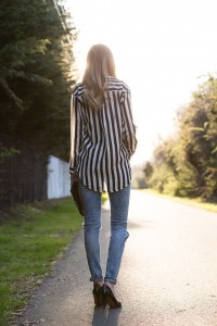 casual striped button down and ripped jeans