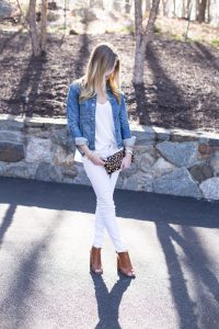 clare v leopard clutch and white tee