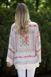 pink floral kimono with fringe