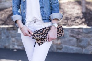 clare v leopard clutch and michele watch