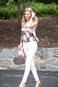 floral top and white pants