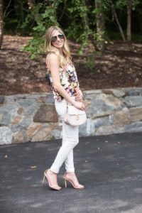 floral backless top and white pants
