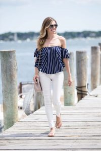 blue and white striped off the shoulder top from sheinside
