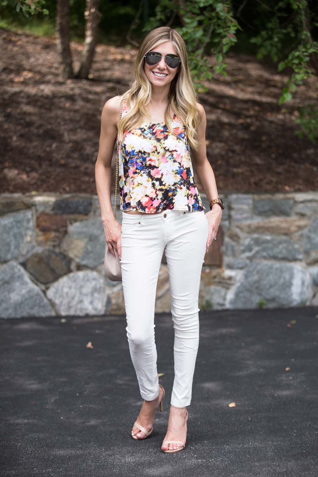white pants and floral top
