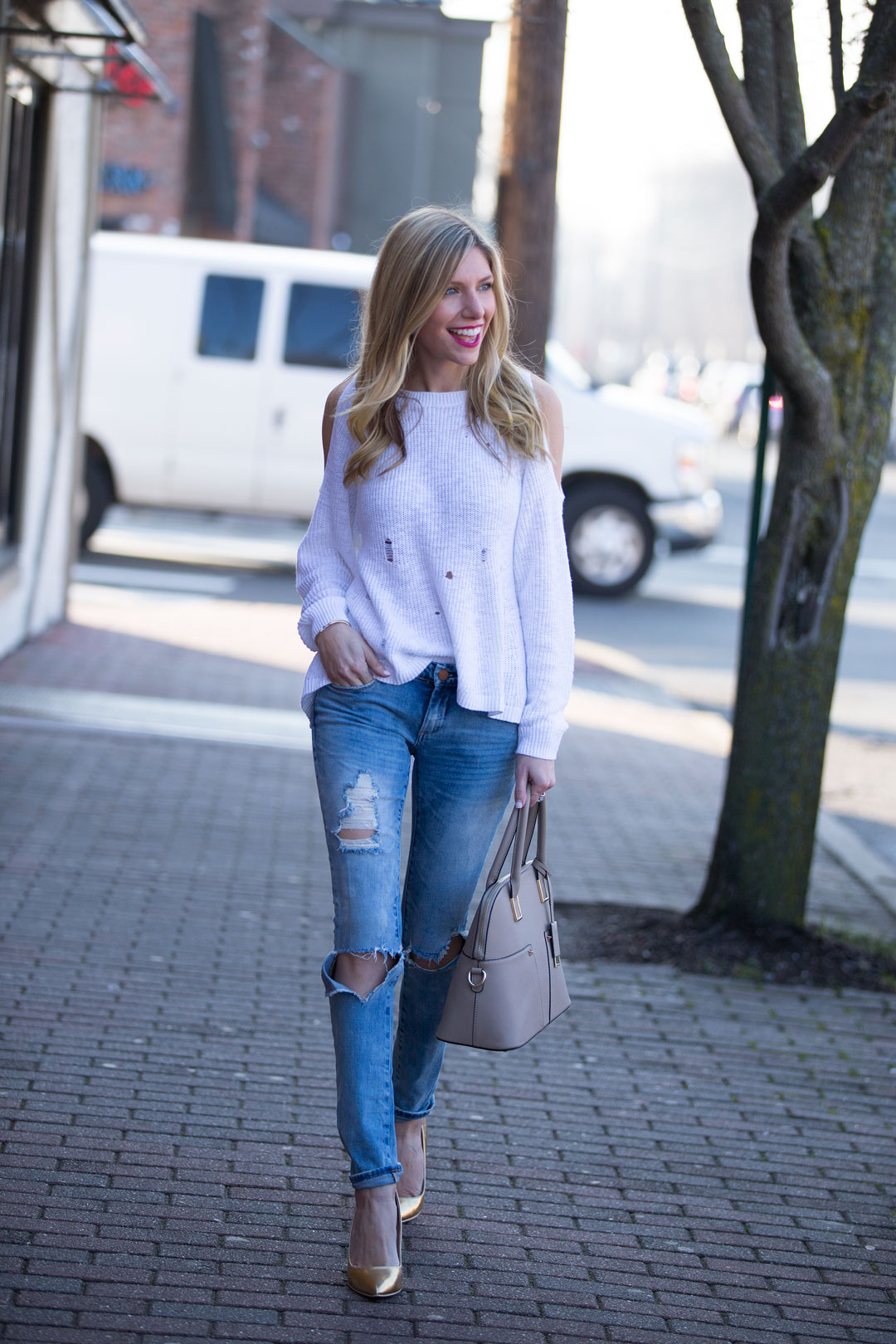 Casual Cold Shoulder Top and Ripped Jeans - The Glamorous Gal ...