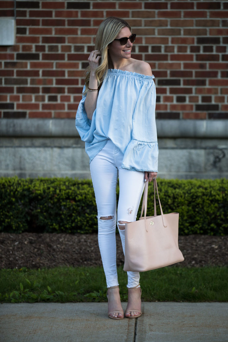 Blue Cold Shoulder Top & Neutral Accessories - The Glamorous Gal ...