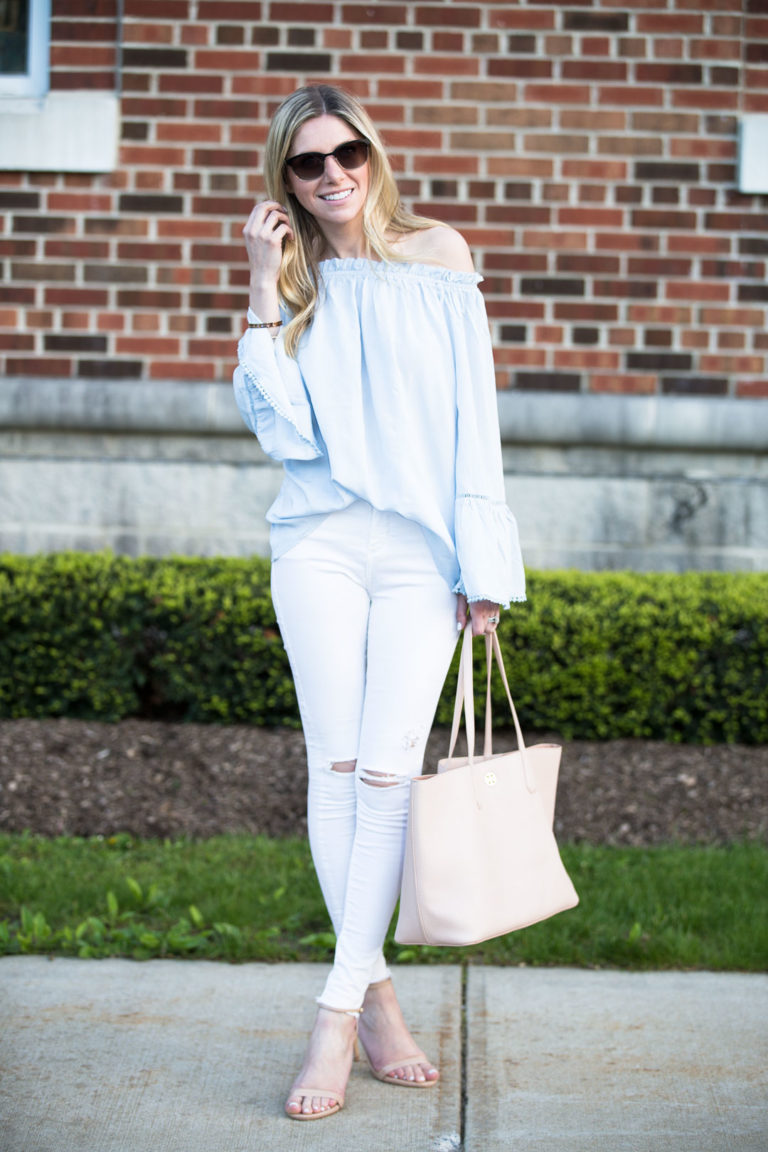 Blue Cold Shoulder Top & Neutral Accessories - The Glamorous Gal ...