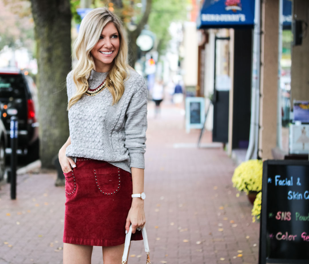 Velvet embellished skirt and gray sweater for fall