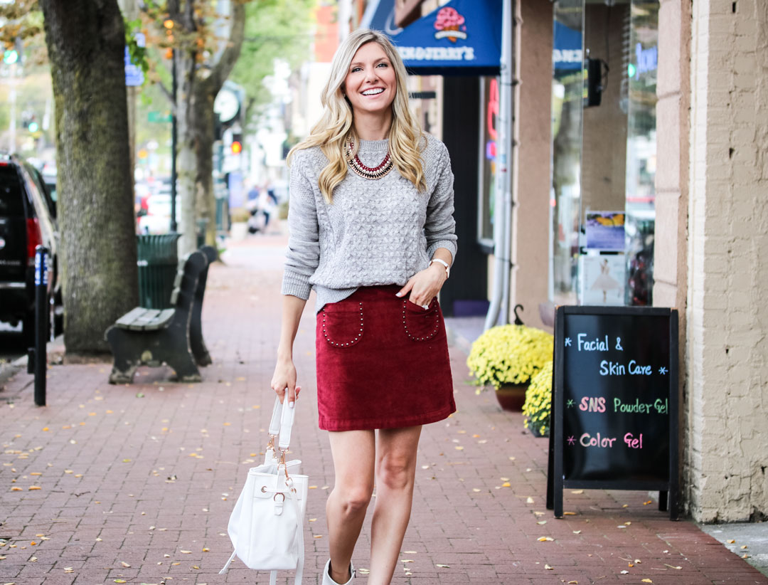 Velvet embellished skirt and gray sweater for fall