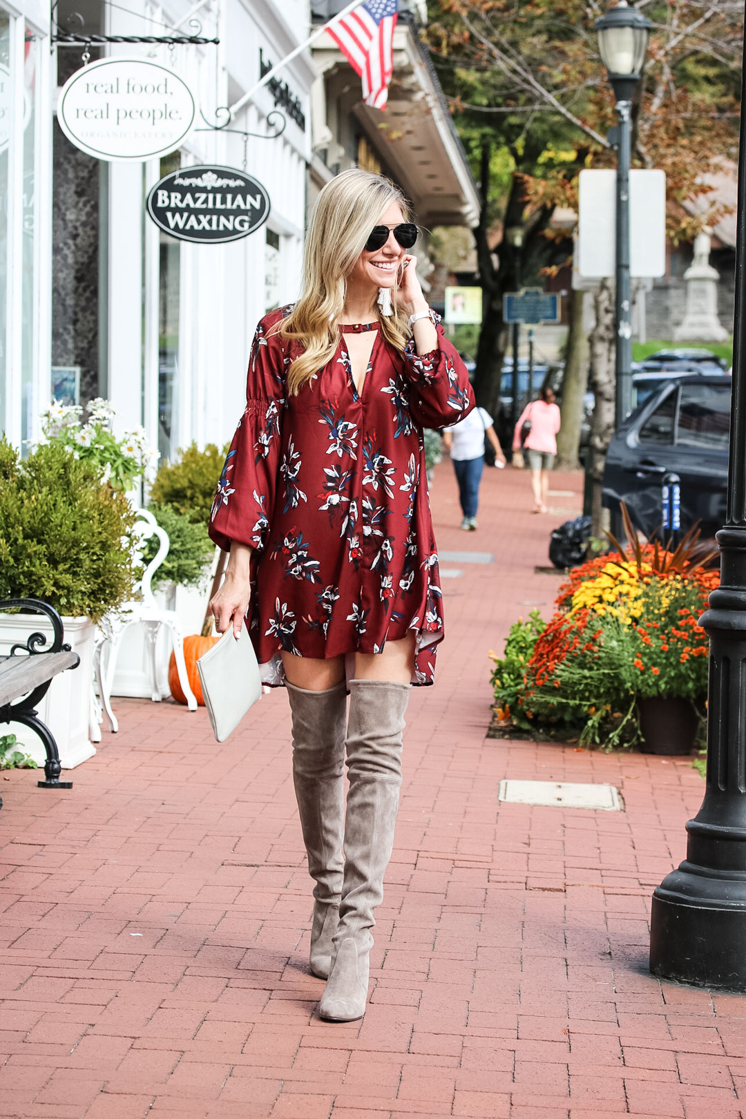 Burgundy Fall Dress and Stuart Weitzman Over the Knee Suede Boots