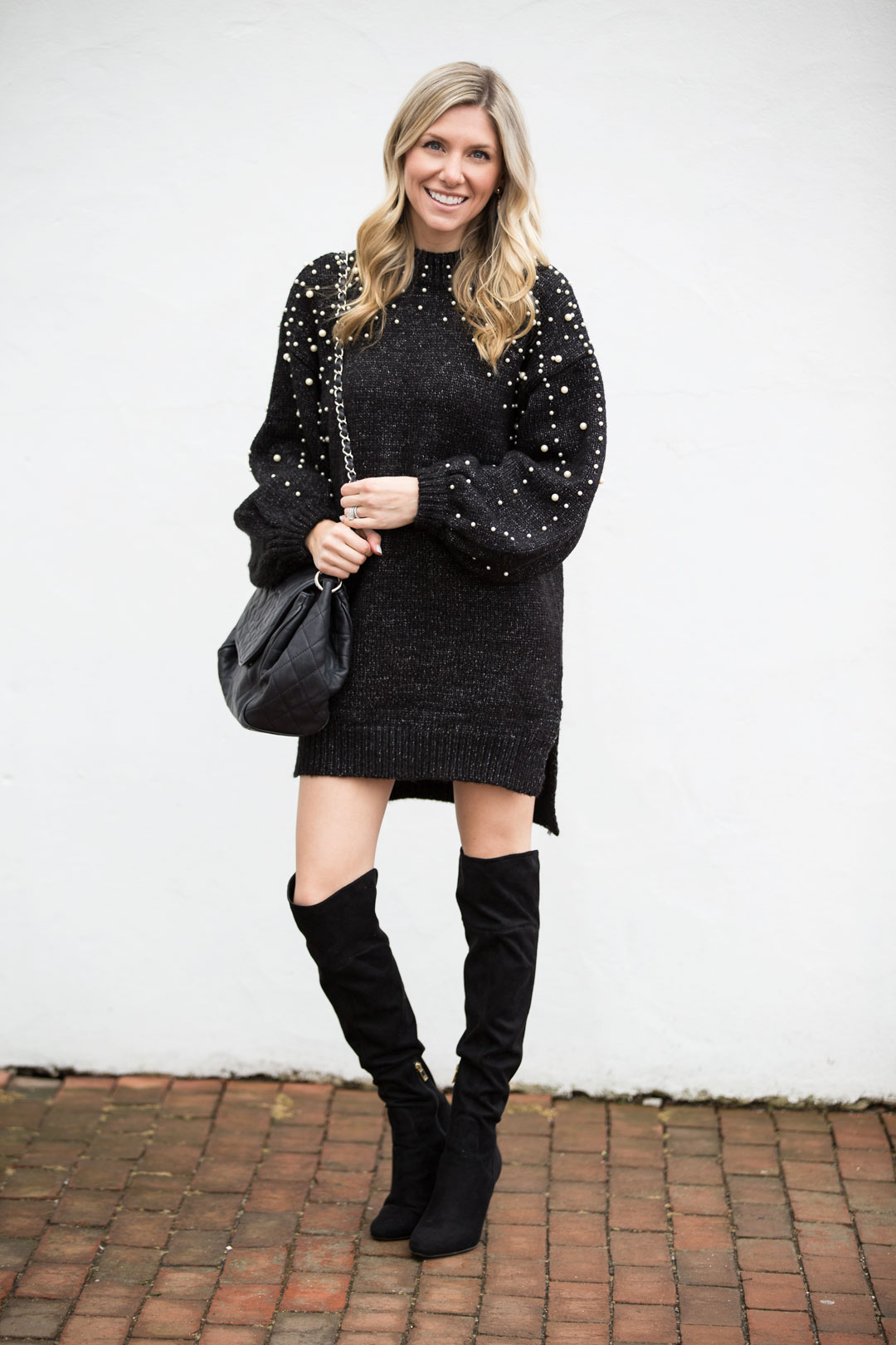 Casual Sweater dress with Pearl Embellished Sleeves