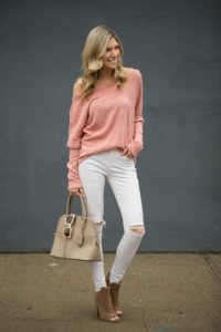 Coral Off-the-Shoulder Sweater and White Jeans