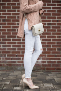 pointed toe nude pumps and topshop ripped jeans with nude crossbody bag The Glamorous Gal