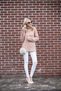 tan cableknit sweater and nude heels