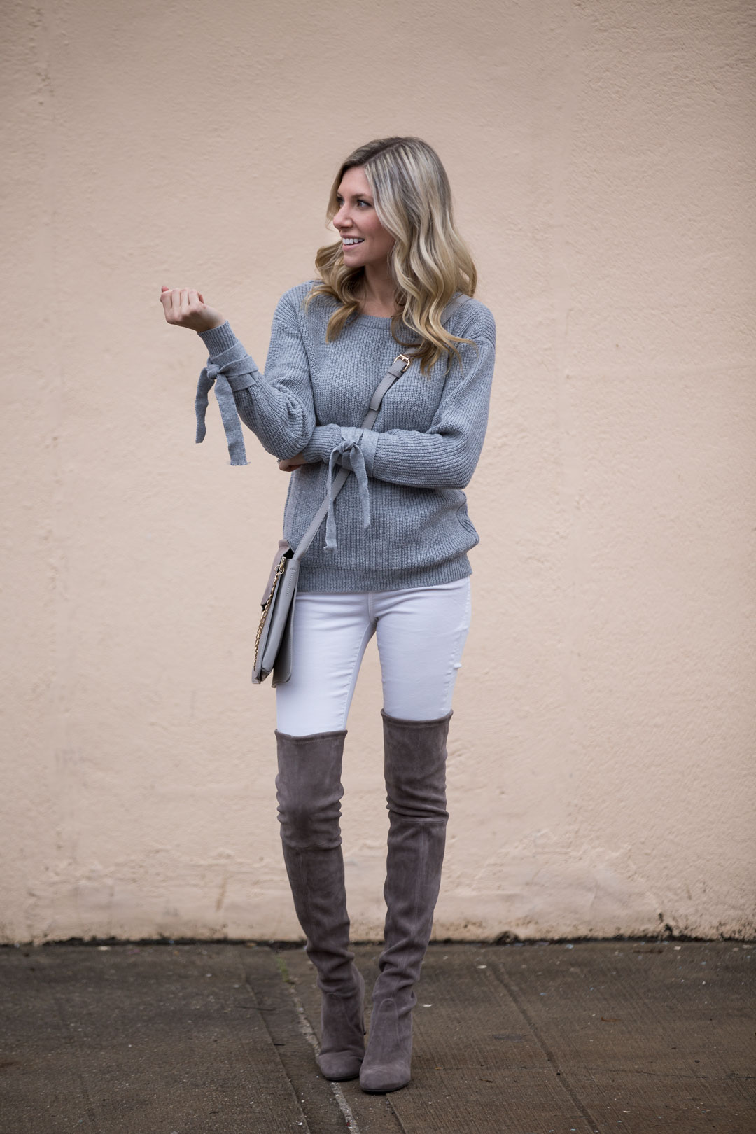 Gray Lace Detail Sweater and Over the Knee Boots