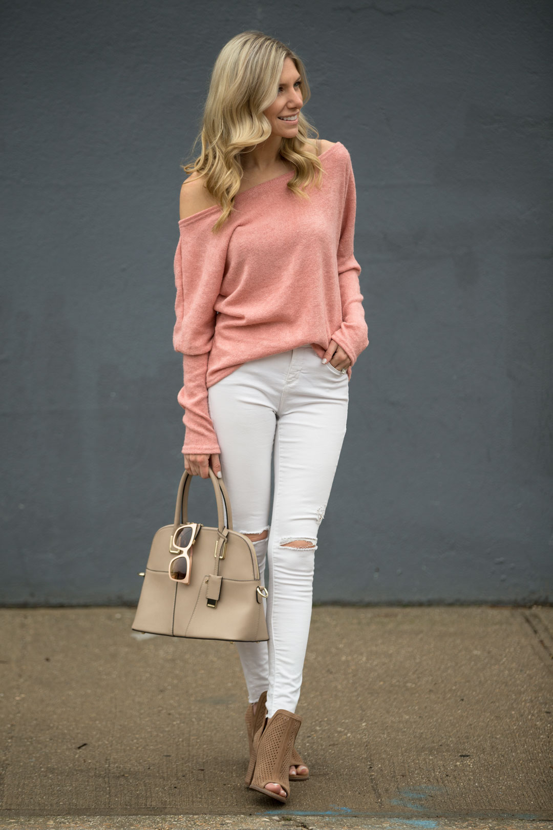 Coral Off-the-Shoulder Sweater and White Jeans