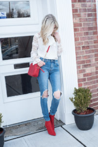 Lace Sleeve Top nder $20 and Red Booties and Bag