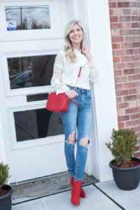 Lace Sleeve Top nder $20 and Red Booties and Bag