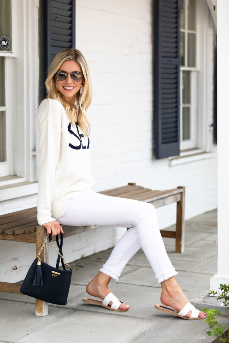 Nautical Sweater & White Jeans - The Glamorous Gal | Everything Fashion