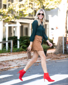 Shein Green Bodysuit and Tan Suede Scalloped Hem Skirt