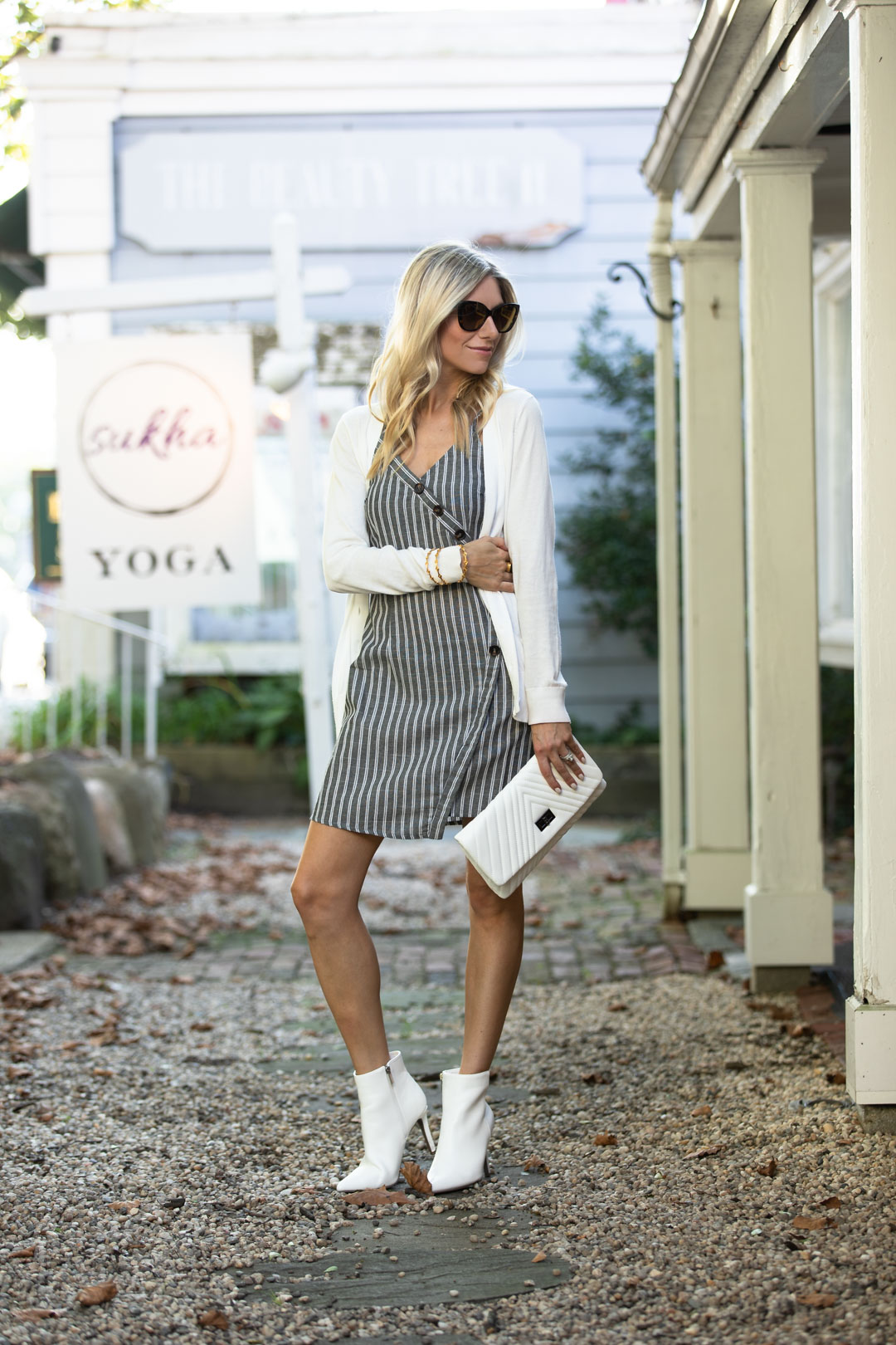 Shein Striped Wrap Dress and White Booties