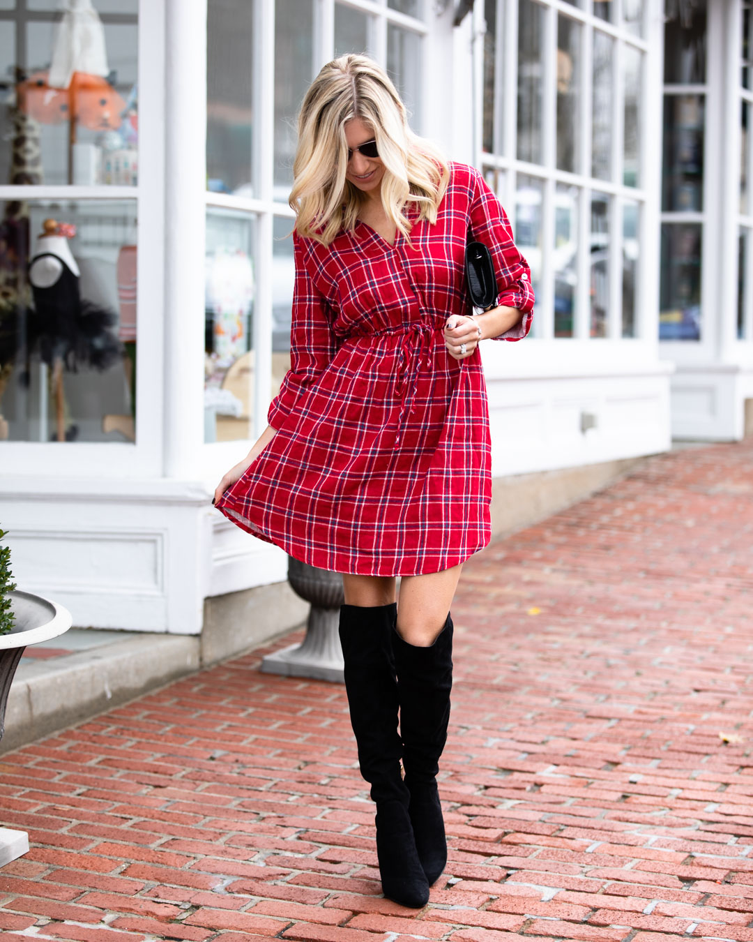 Pink Lily Boutique Red Flannel Dress & Over the Knee Boots