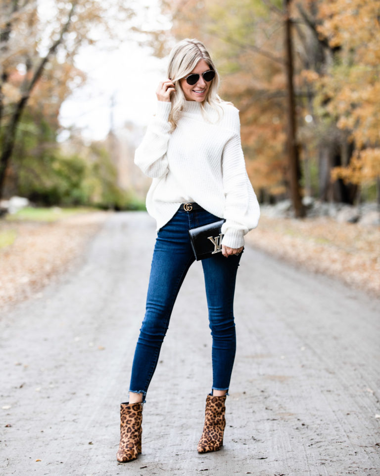Casual Off the Shoulder Sweater & Leopard Booties - The Glamorous Gal ...