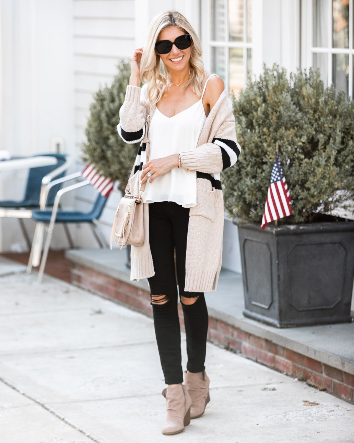 long cardigan and suede booties for fall The Glamorous Gal
