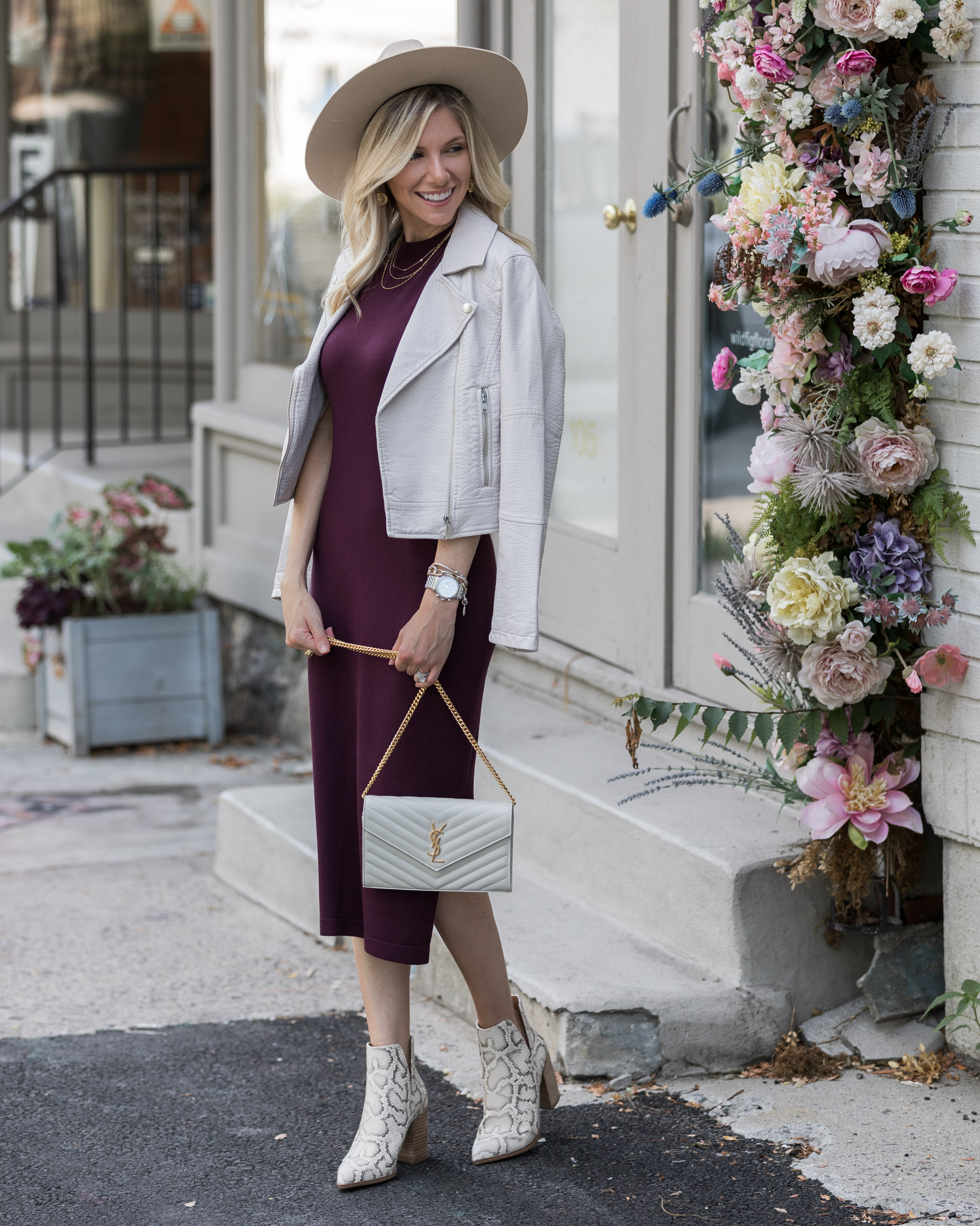 burgundy-midi-dress-and-white-leather-jacket-the-glamorous-gal